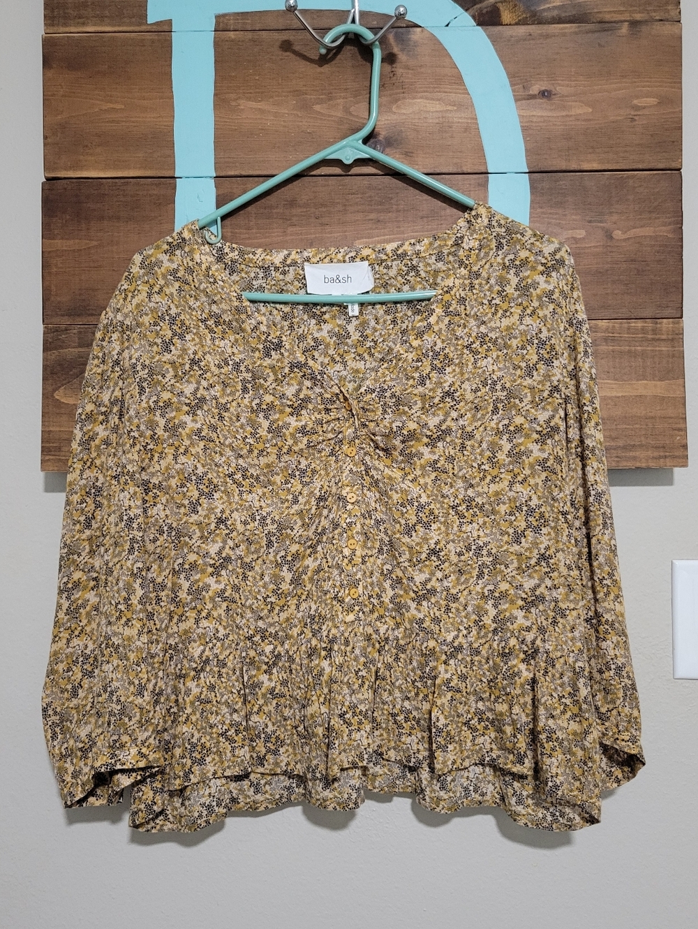 ba&sh Mustard Floral Button-Front 3/4 Sleeves  Lighweight Blouse